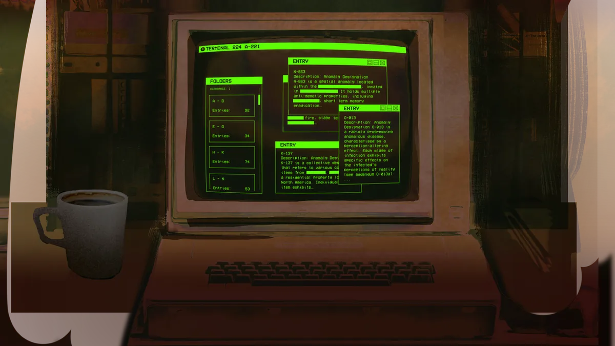 A research room with a glowing green terminal, anomaly records, papers and a coffee cup